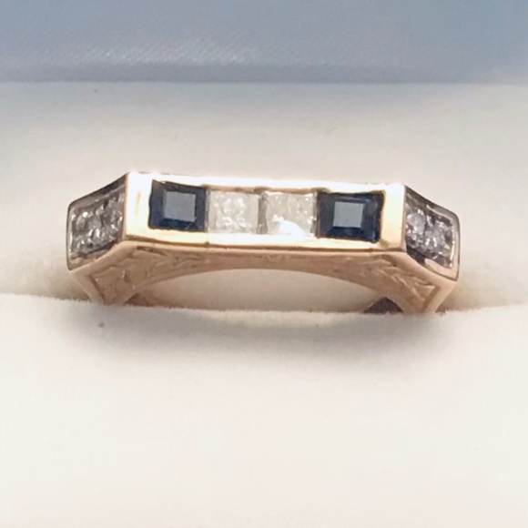 Solid 14K Yellow Gold Diamond & Sapphire Ring - Picture 1 of 16